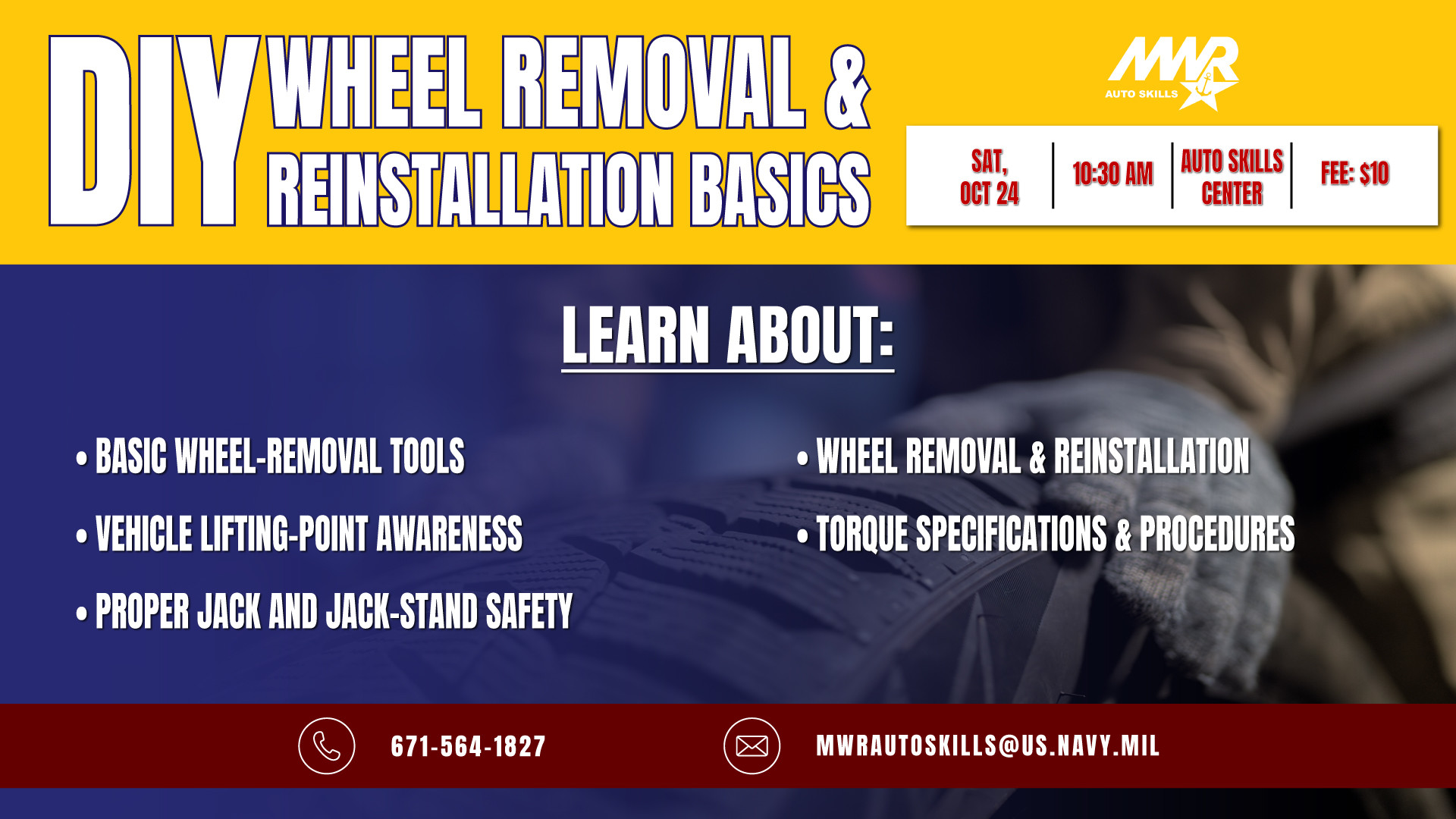 DIY wheel removal class Oct. 24 covers tools, safe lifting, reinstallation and proper torque.