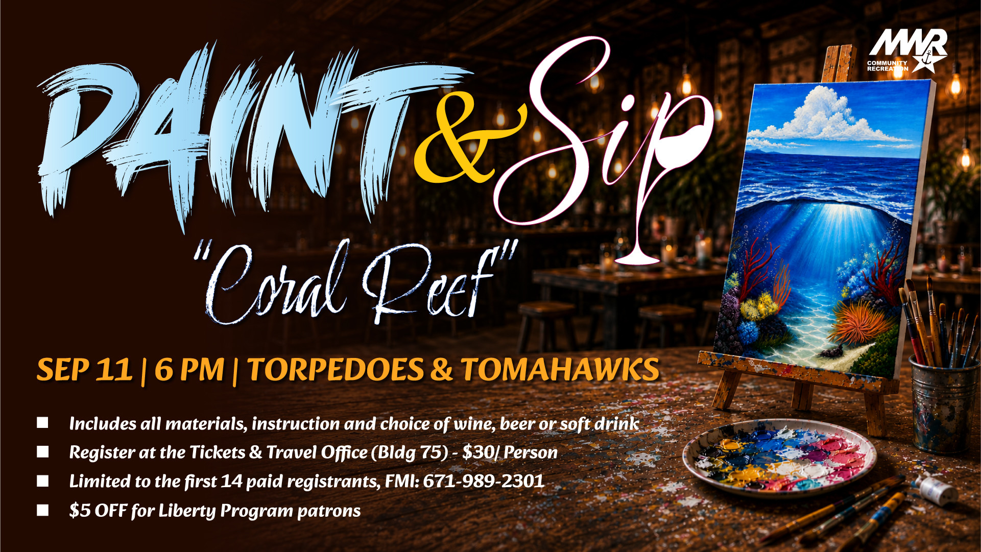 Paint & Sip Coral Reef event flyer featuring a colorful underwater painting on an easel.