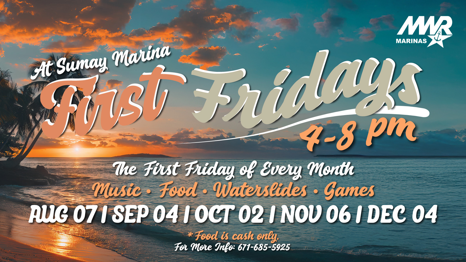 First Fridays flyer featuring a beach sunset, event dates, activities, and Sumay Marina details.