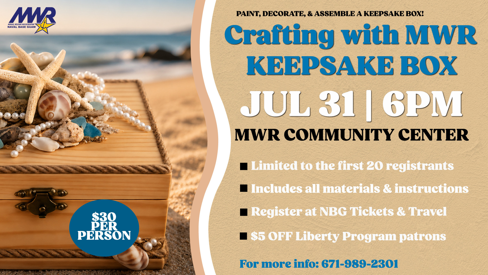 Crafting with MWR promotional graphic featuring a beach-themed keepsake box workshop with event details, pricing, registration information, and materials included for participants.