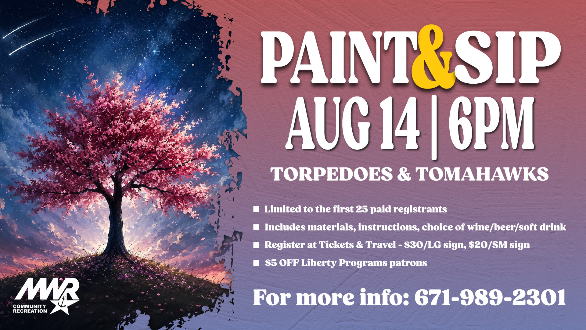 Pink flowering tree under a starry sky promoting a Paint & Sip event with evening painting theme.