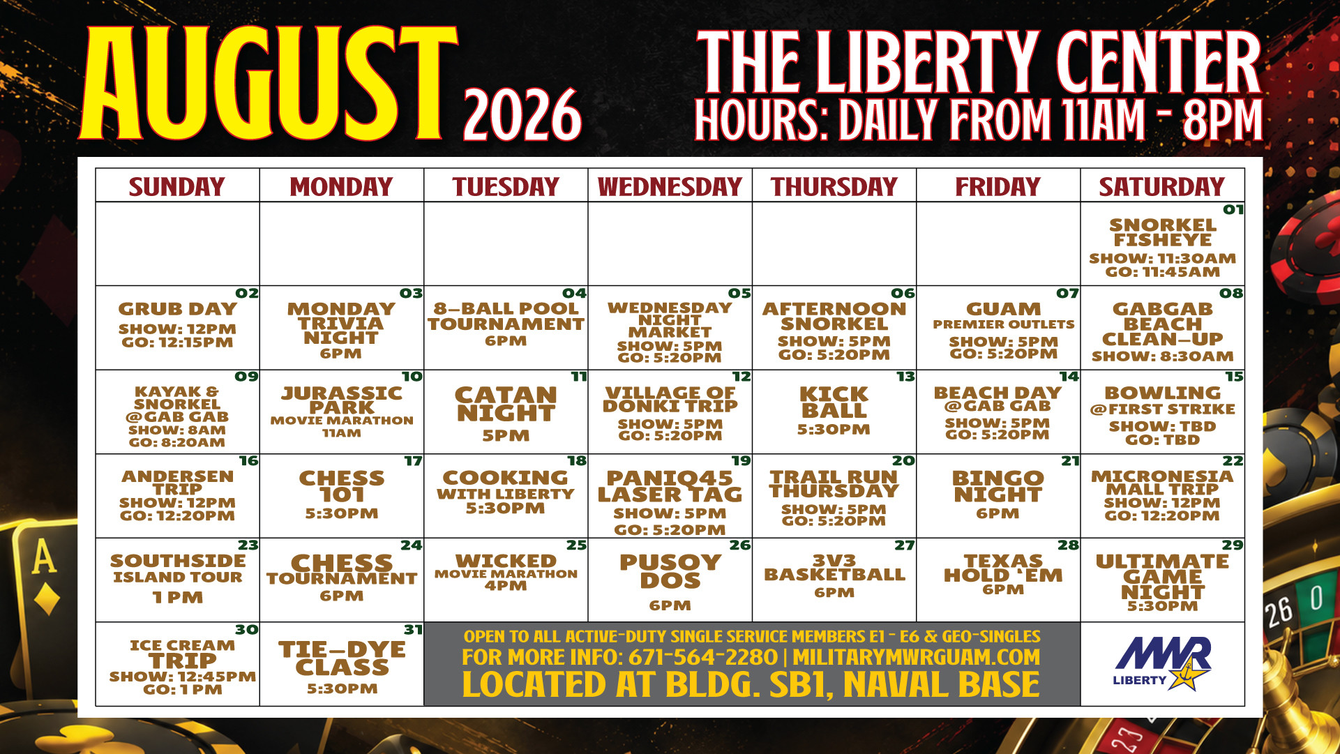 August calendar schedule for the NBG Liberty Center.