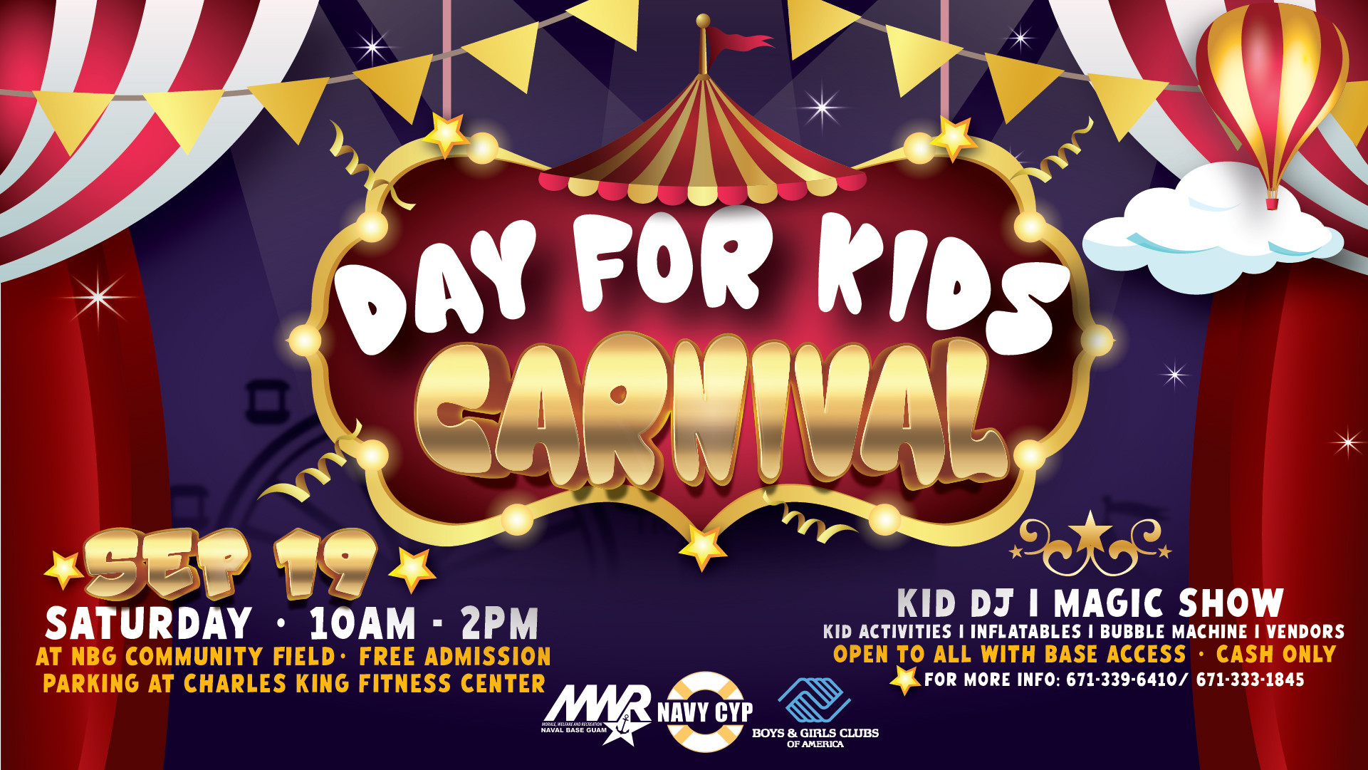 Colorful Day for Kids Carnival flyer featuring a circus tent, banners, stars, and event details.