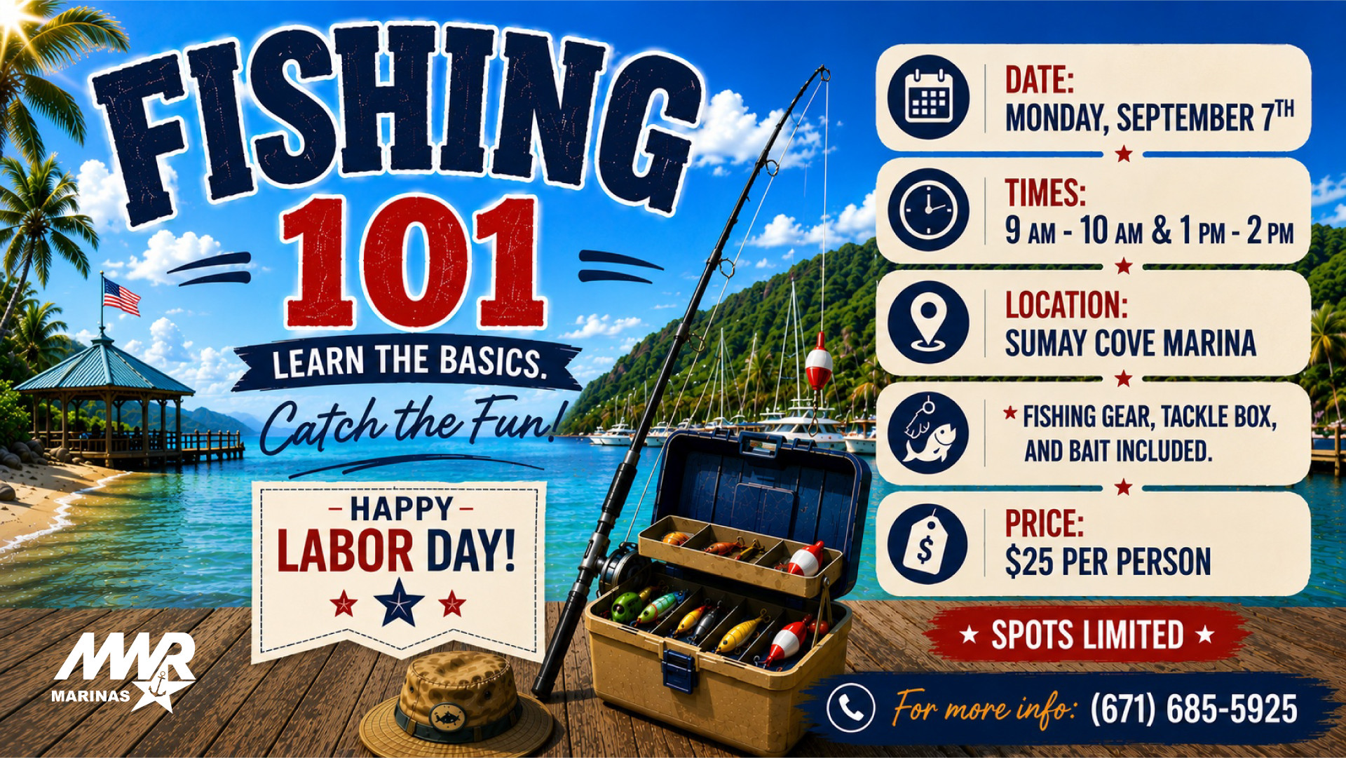 Fishing 101 flyer at Sumay Cove Marina with class times, gear, pricing, and Labor Day theme.