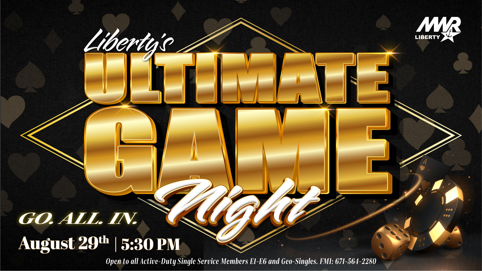 Ultimate Game Night flyer with gold title, casino chips, dice, date, time, and Liberty program details.