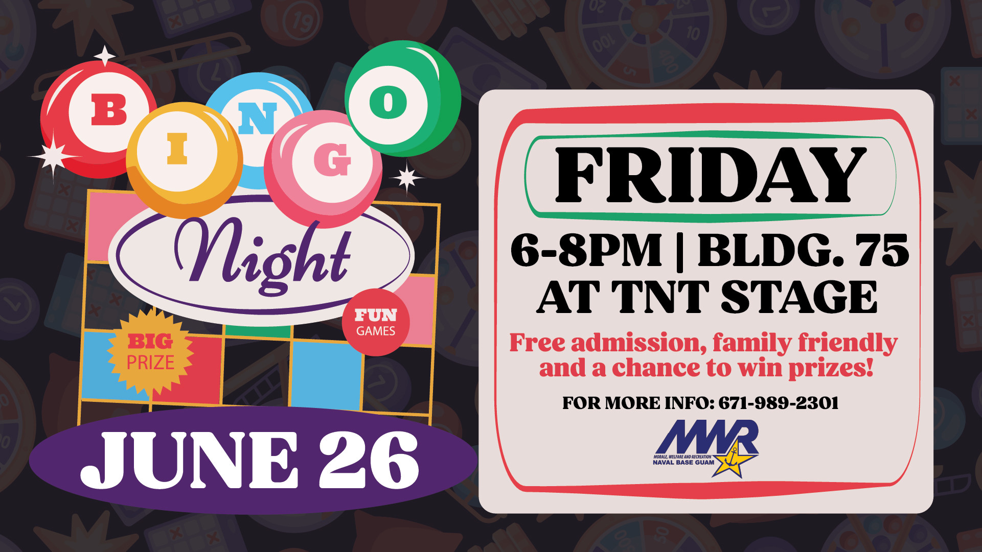 Colorful Bingo Night flyer for June 26 featuring prizes, games, and family fun.