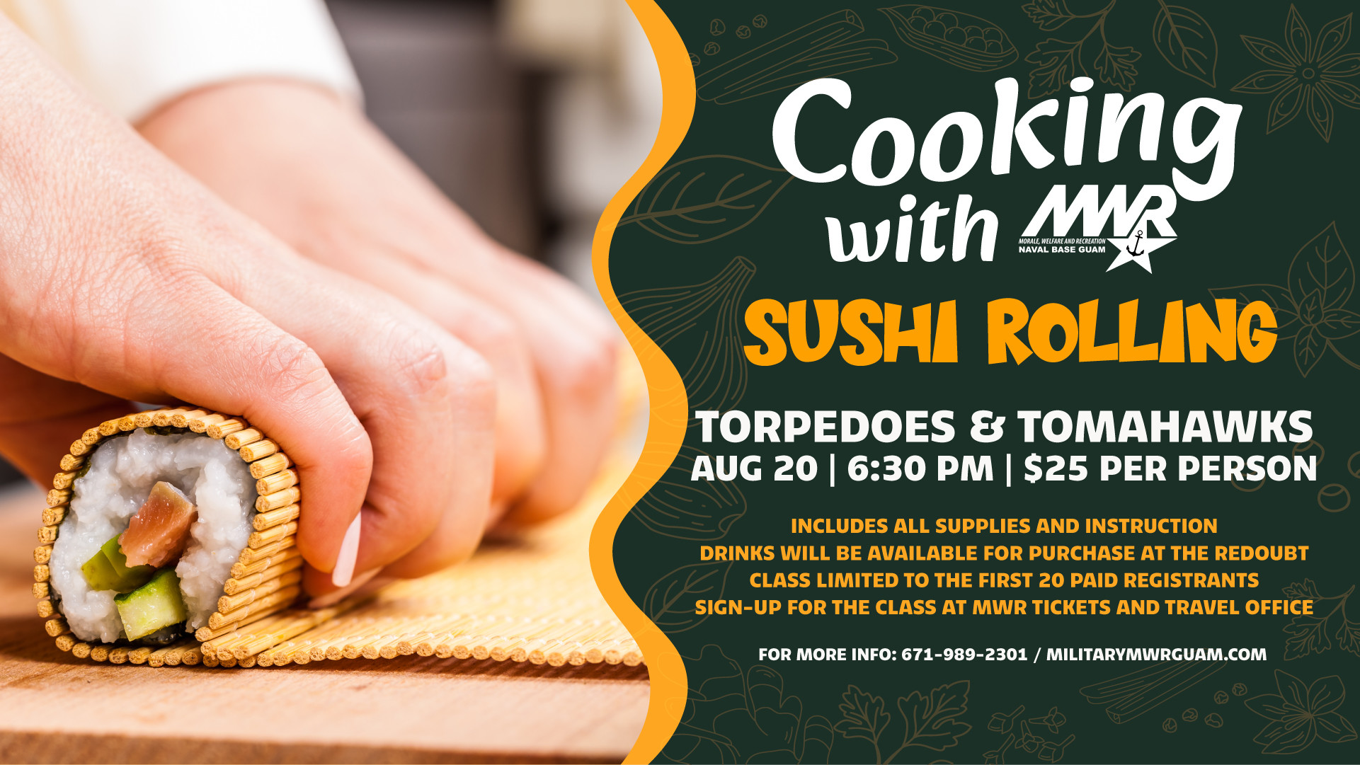 Sushi rolling class flyer with date, time, price, registration details, and close-up of a sushi roll.