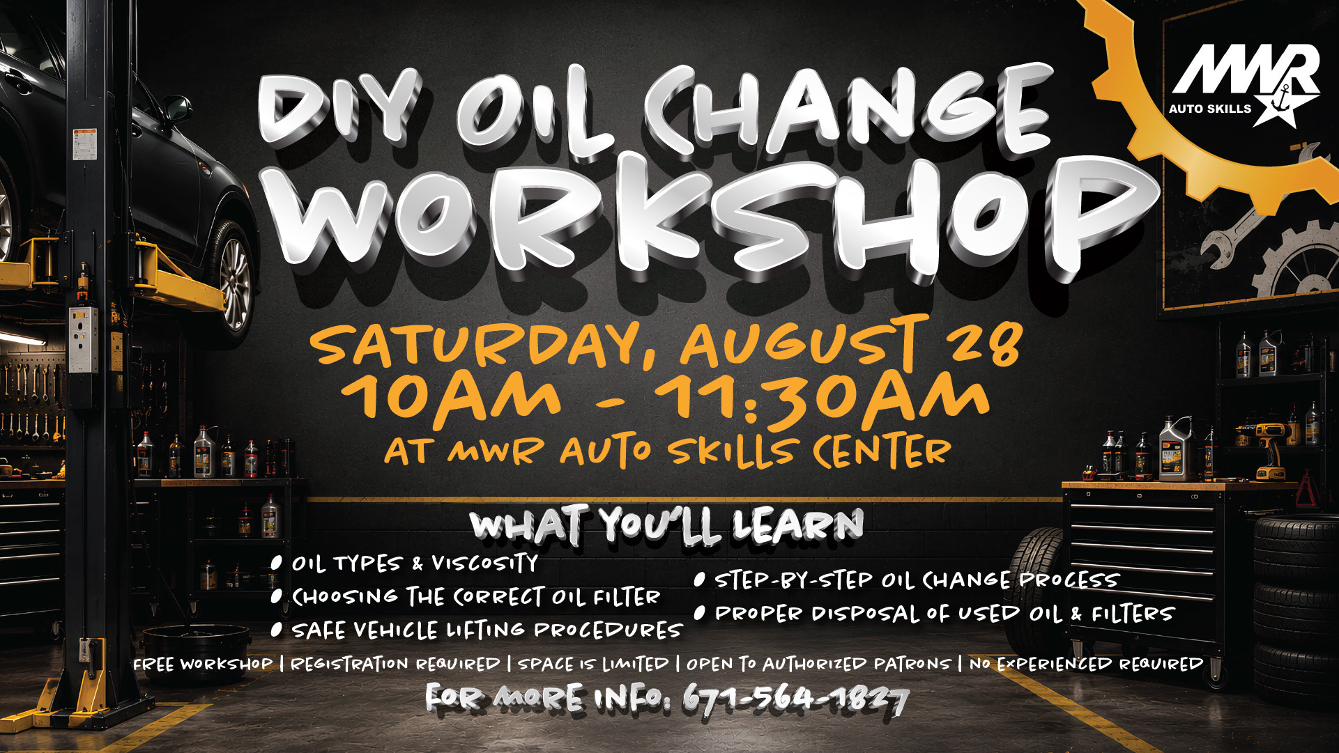 **Description (100 characters max):**  Auto shop flyer promoting a DIY oil change workshop with a vehicle lift, tires, and motor oil.