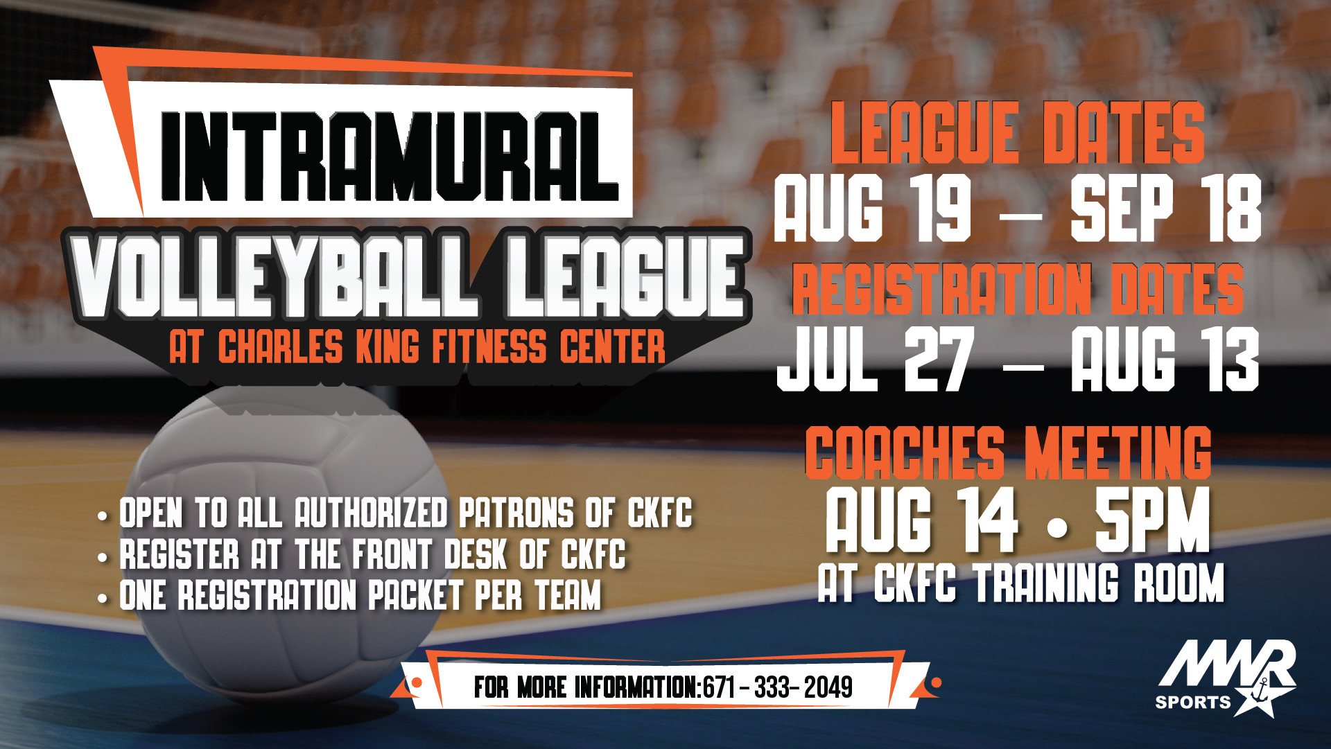 Volleyball league flyer with registration dates, league schedule, and coaches meeting details.