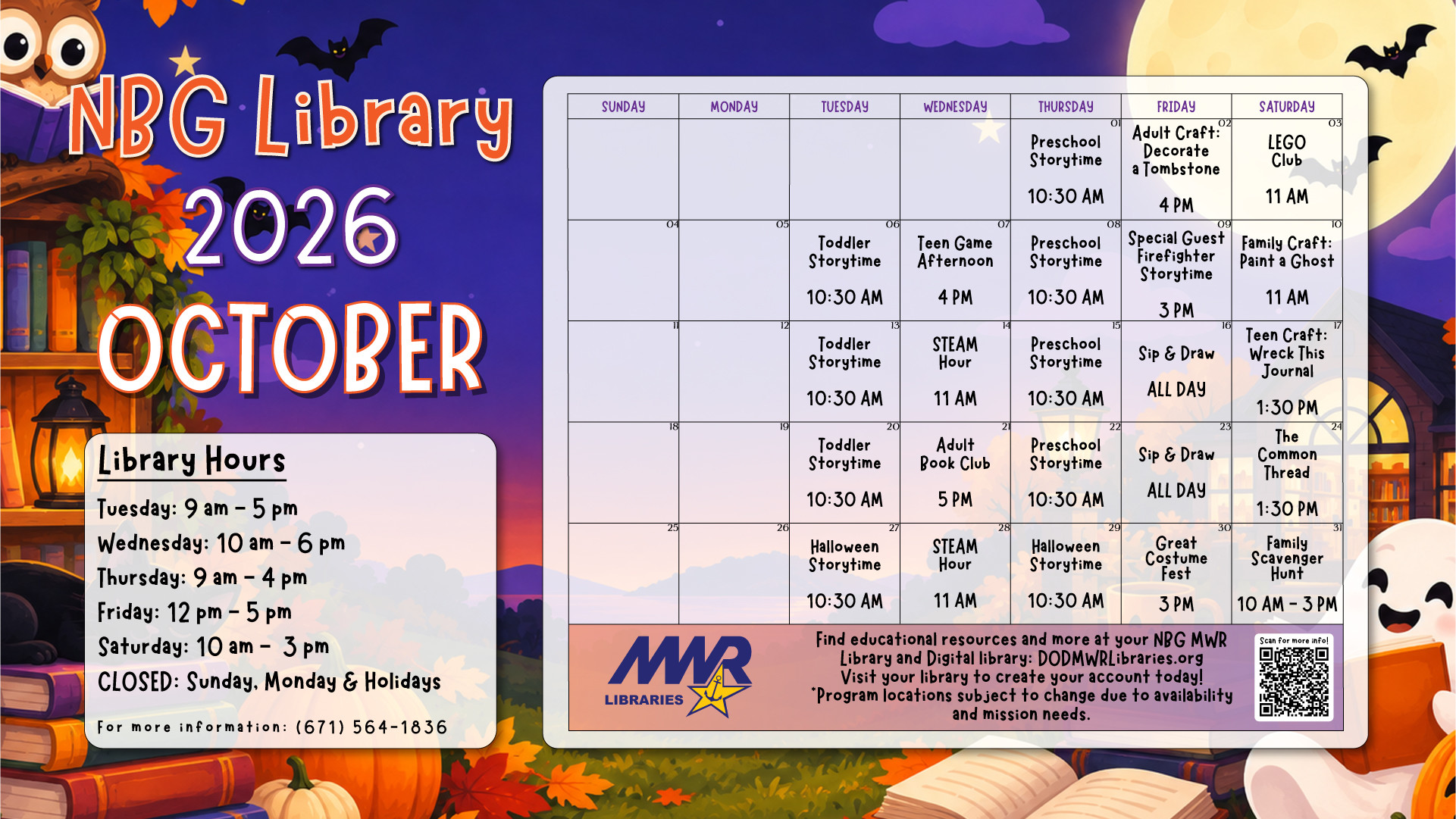 NBG Library October calendar featuring storytimes, crafts, STEAM activities, and Halloween events.