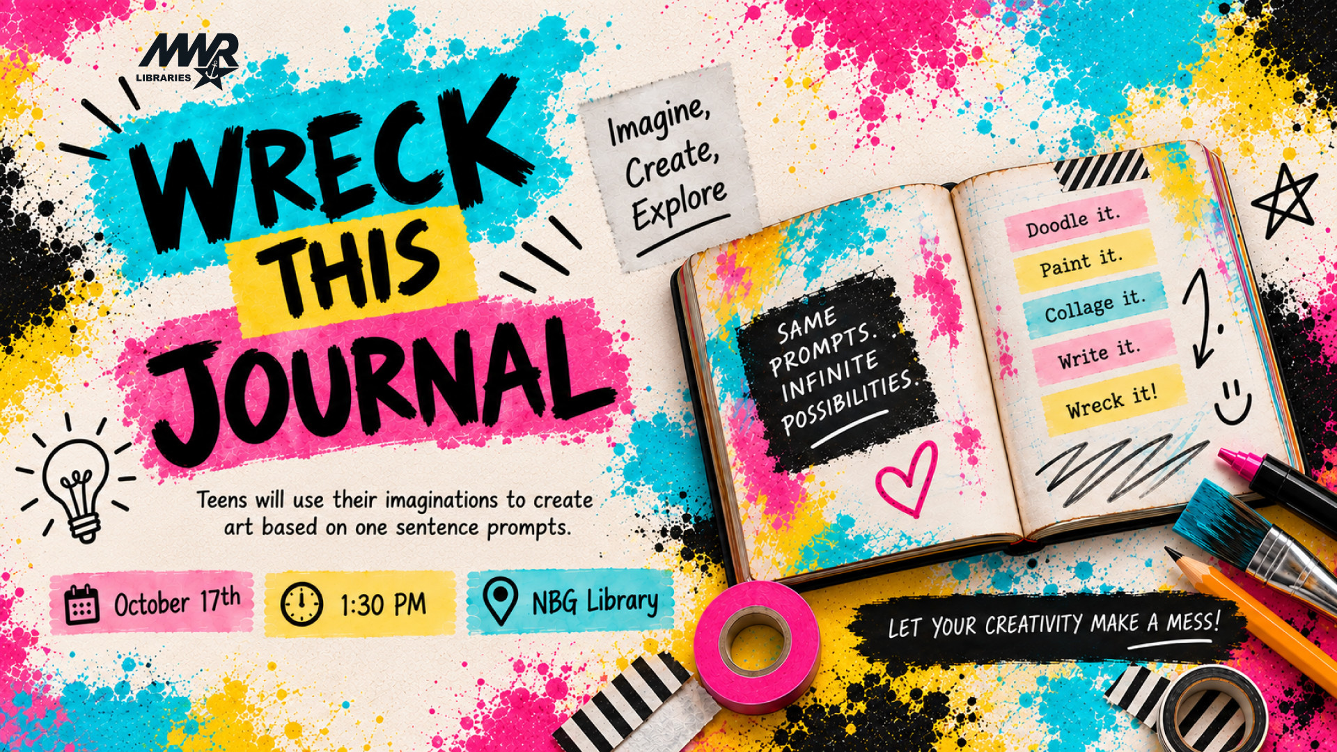 Wreck This Journal teen art activity, October 17 at 1:30 PM at NBG Library.
