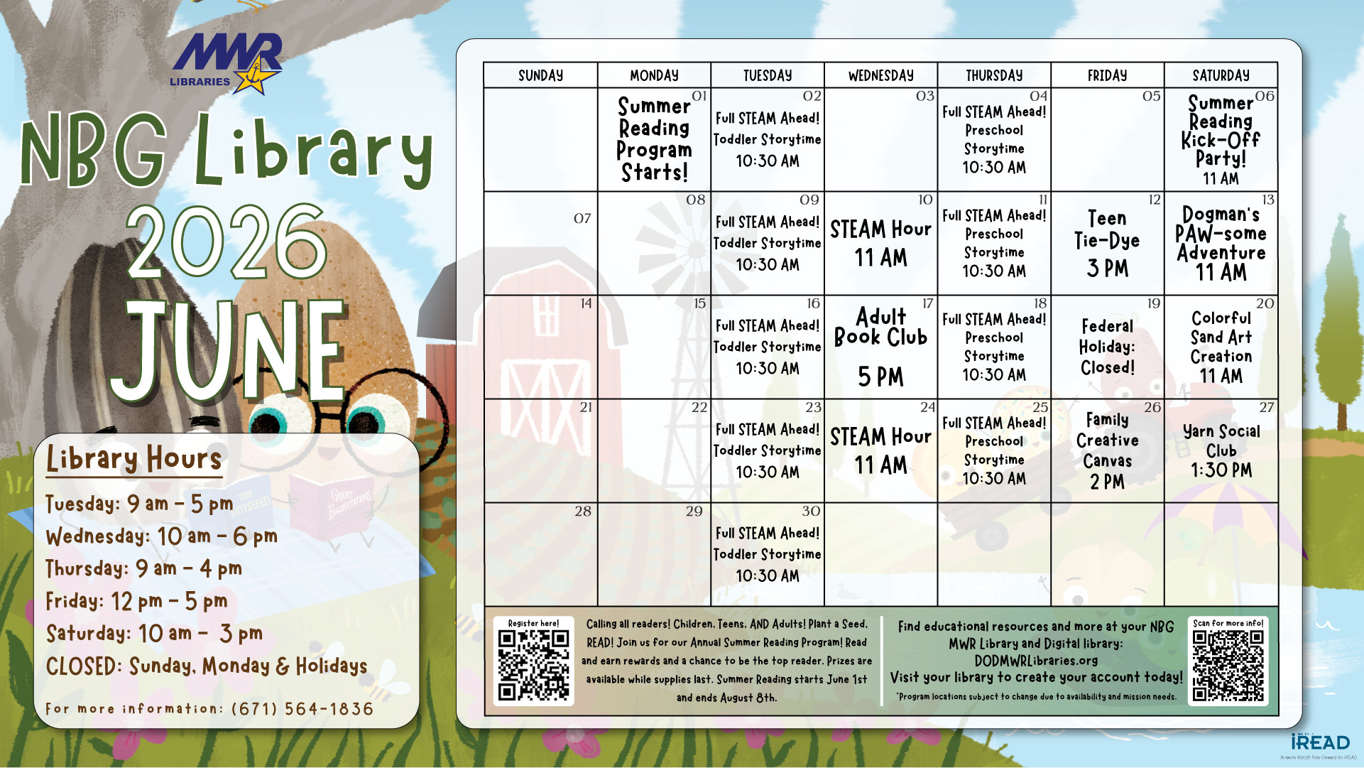 June 2026 calendar for the Naval Base Guam Library featuring a colorful garden-themed background inspired by the Summer Reading Program theme, "Plant a Seed, Read." The calendar highlights library activities throughout June, including storytimes, STEAM programs, the Summer Reading Program Kick-Off Party, Teen Tie-Dye, Adult Book Club, Colorful Sand Art Creation, Family Creative Canvas, and Yarn Social Club. Library hours, contact information, Summer Reading Program details, and QR codes for registration and additional information are also inclu