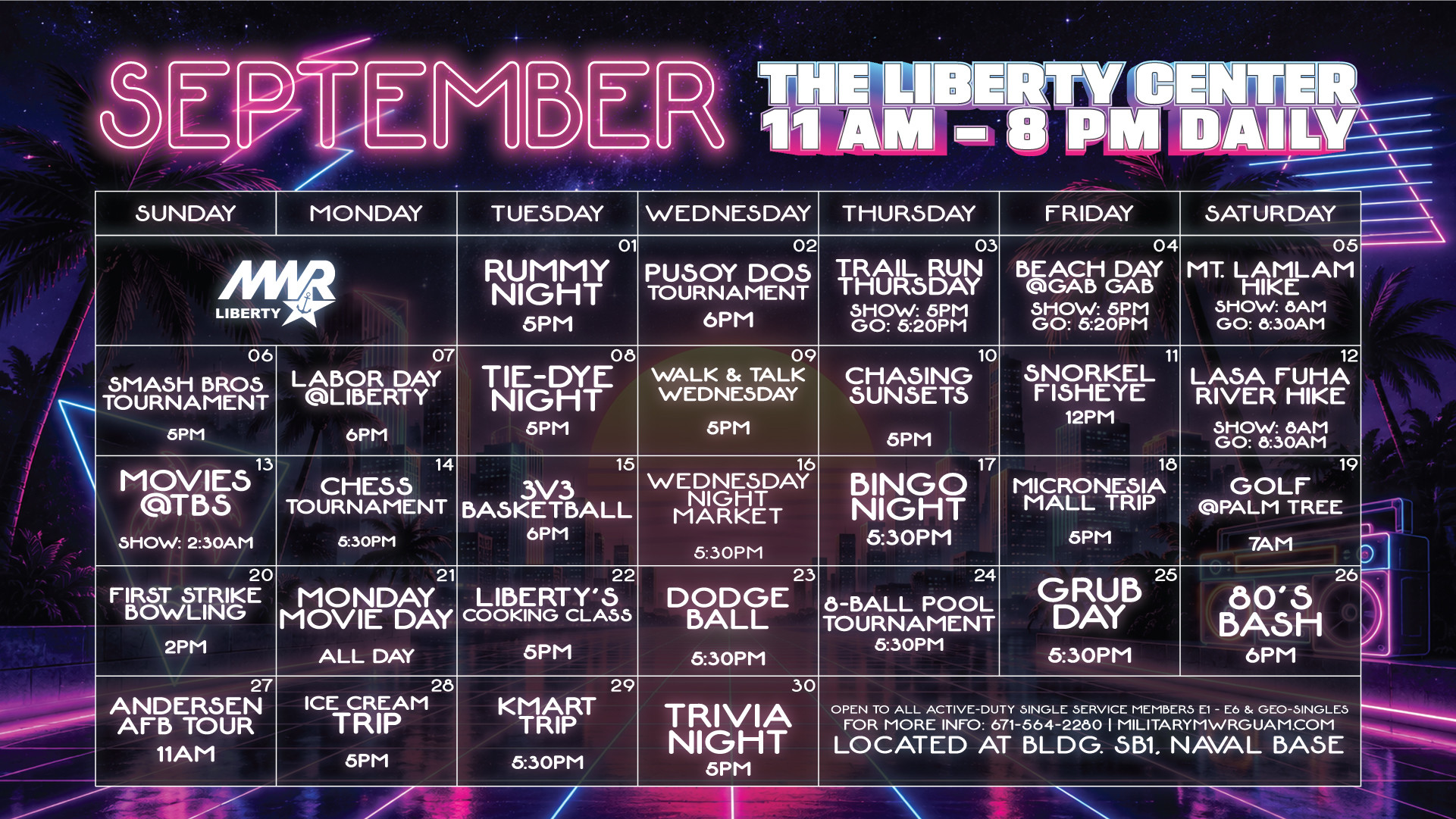 September Liberty calendar featuring trips, hikes, tournaments, social events, and activities.