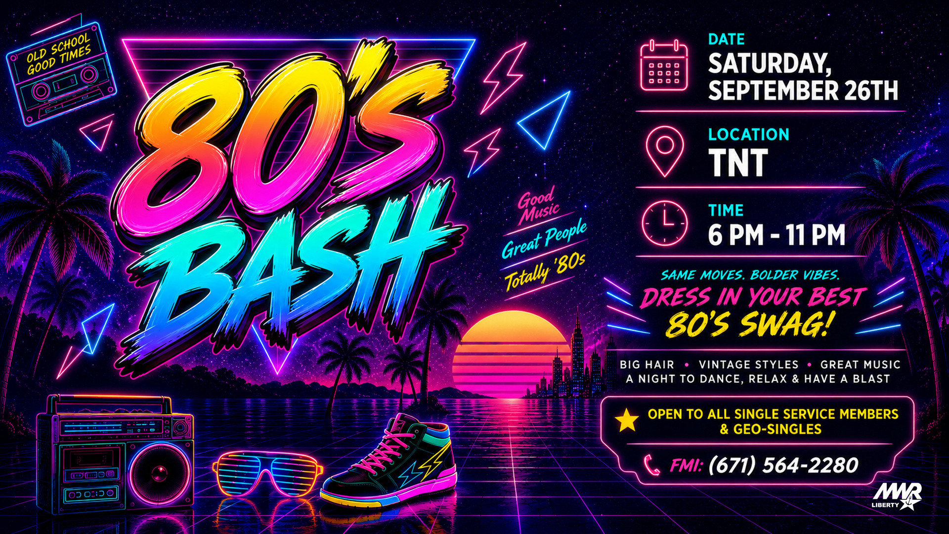Neon 80’s Bash flyer with retro sunset, boombox, sunglasses, sneaker, and event details.