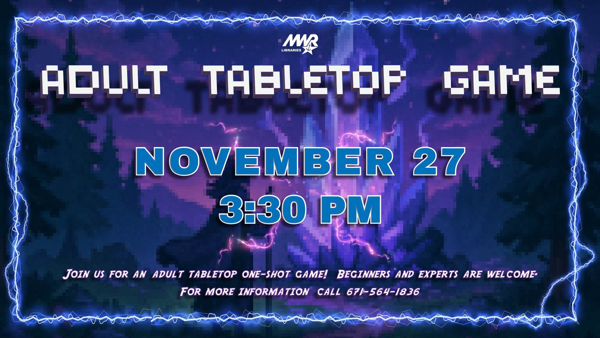 Adult Tabletop Game at NBG Library, November 27 at 3:30 PM. All experience levels welcome.
