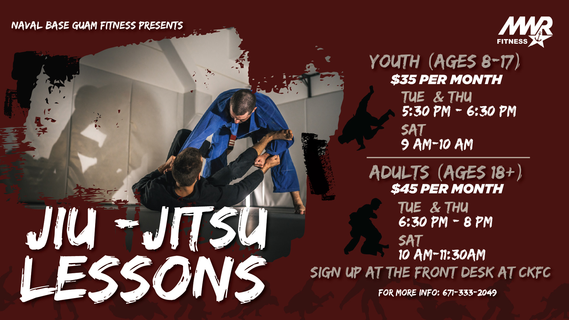 Navy MWR Fitness Jiu-Jitsu lessons graphic featuring two athletes grappling, with youth and adult class schedules, monthly fees, CKFC sign-up information, and a contact number for more details.