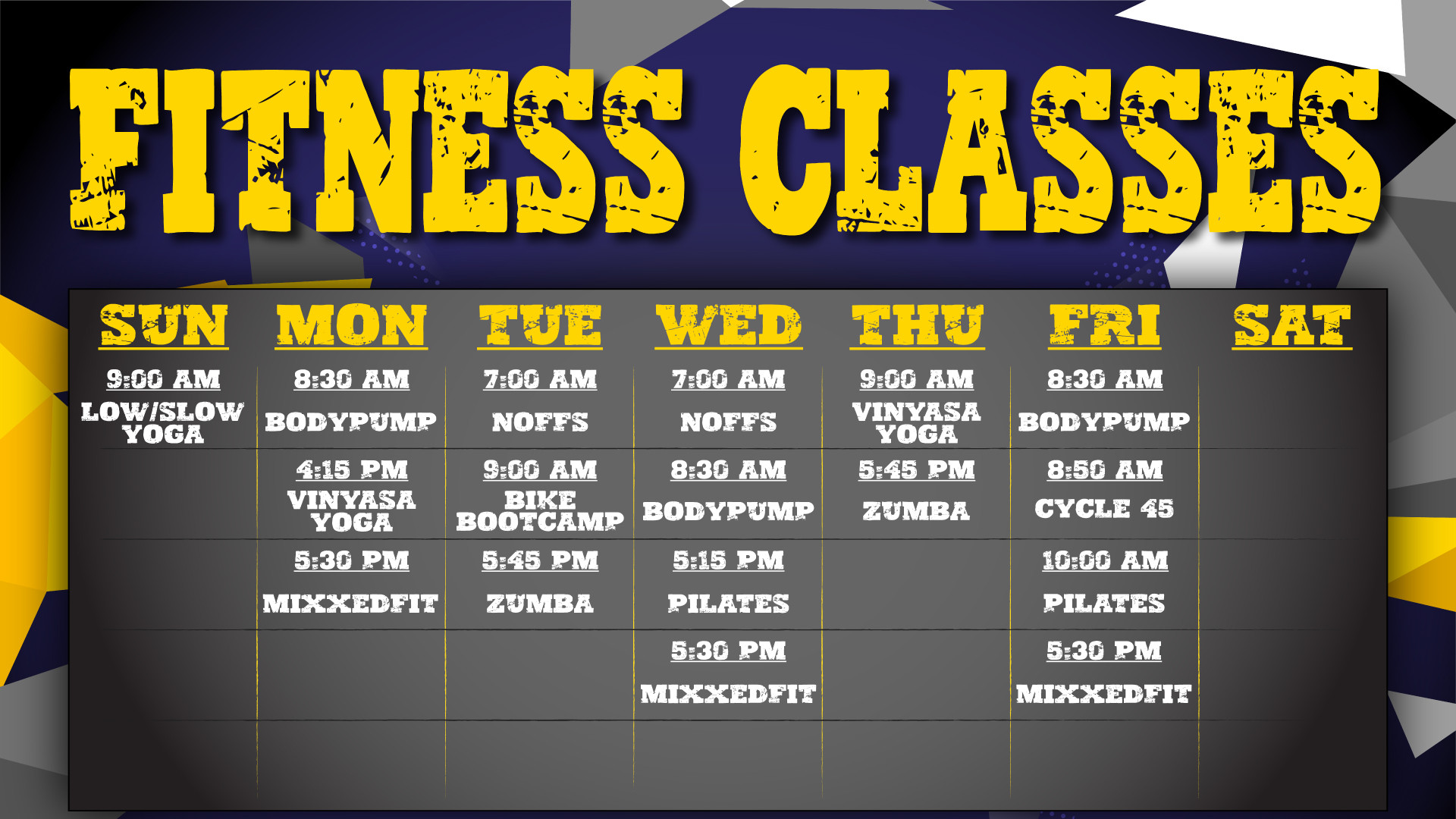 Weekly fitness class schedule featuring yoga, BodyPump, Zumba, Pilates, cycling, bootcamp, and MixxedFit classes organized by day and time.