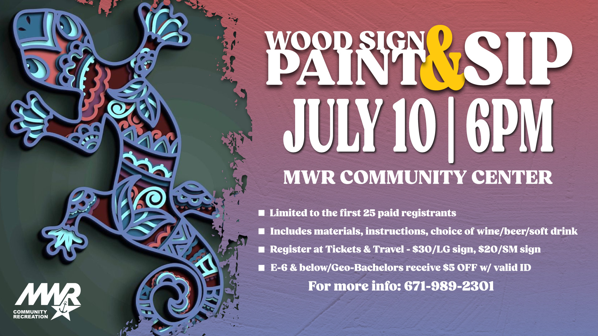 Wood Sign Paint & Sip event graphic featuring a colorful gecko design, painting activity, event details, registration information, and included materials, refreshments, and contact information.