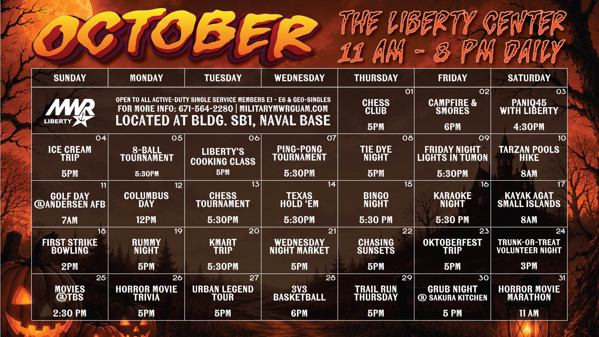 October Liberty calendar featuring trips, tournaments, outdoor activities, Halloween events, and more.