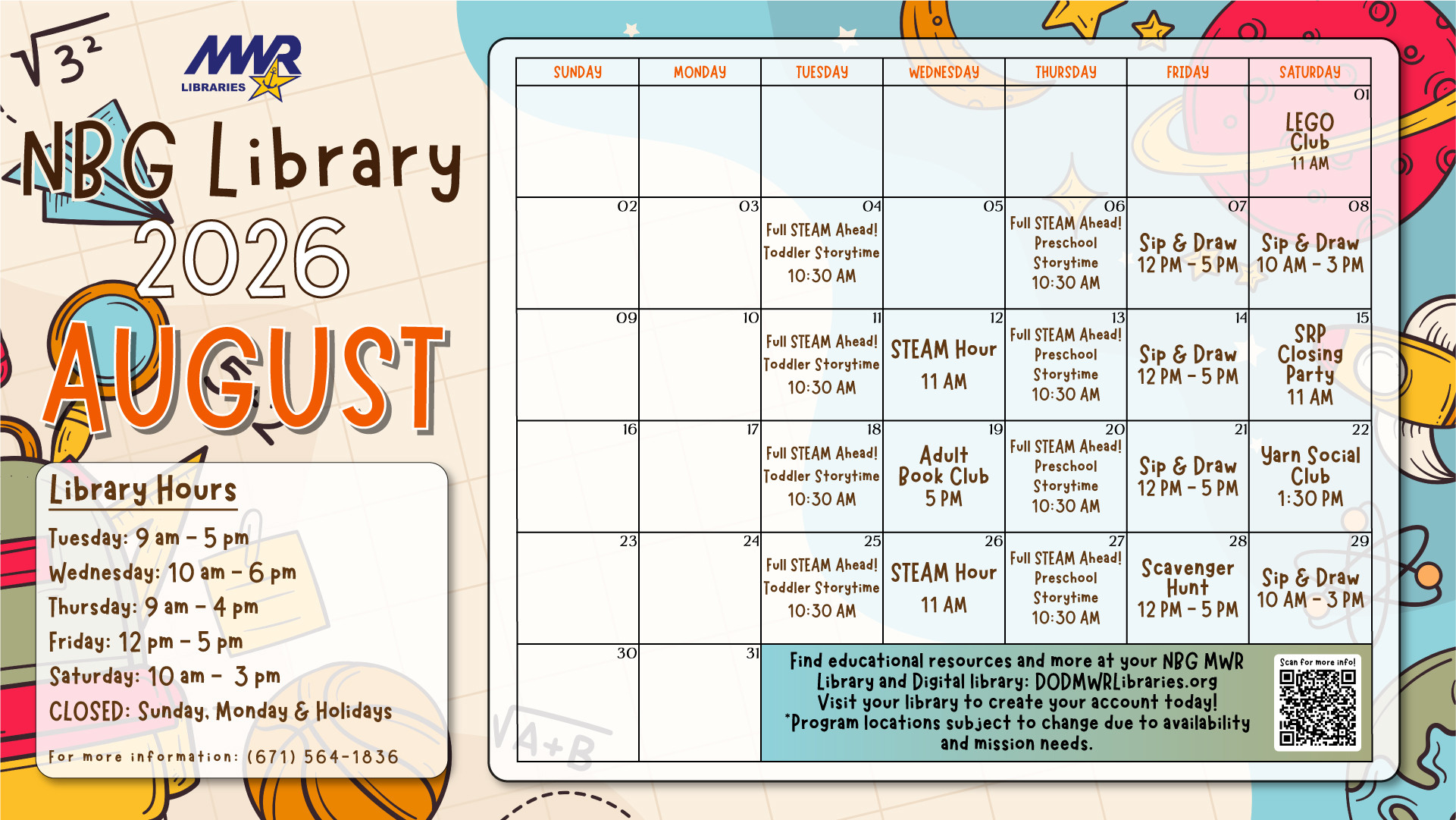 August calendar for the NBG Library