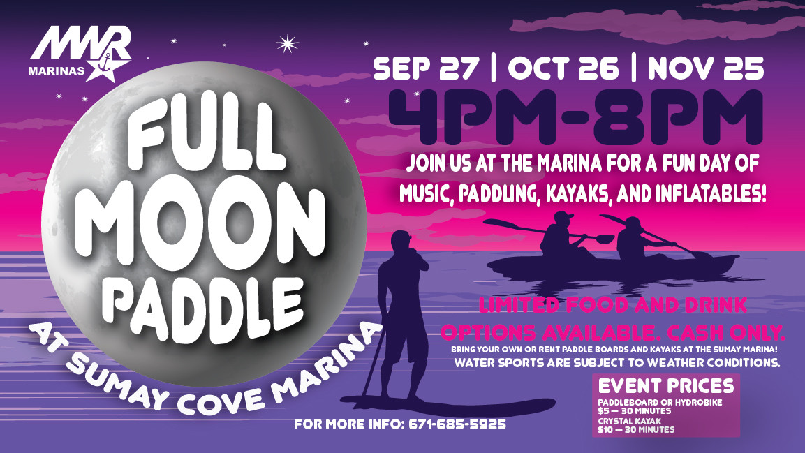 Full Moon Paddle flyer with a moon, kayakers, sunset water scene, dates, times, and activity details.